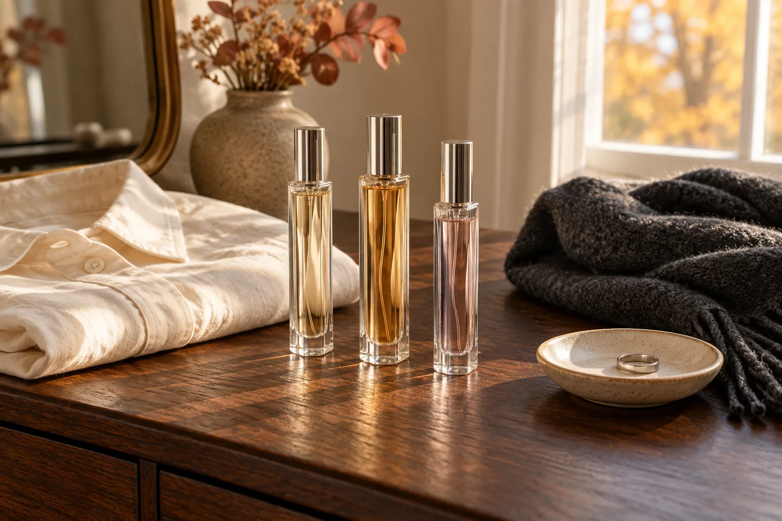 Three glass perfume atomizers on an oak dresser beside a folded shirt and charcoal scarf