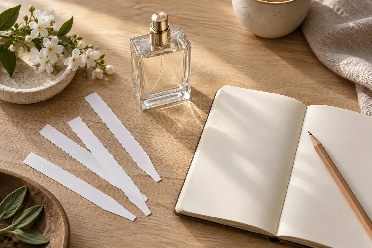 Perfume atomizer, paper scent strips and pencil beside an open blank notebook