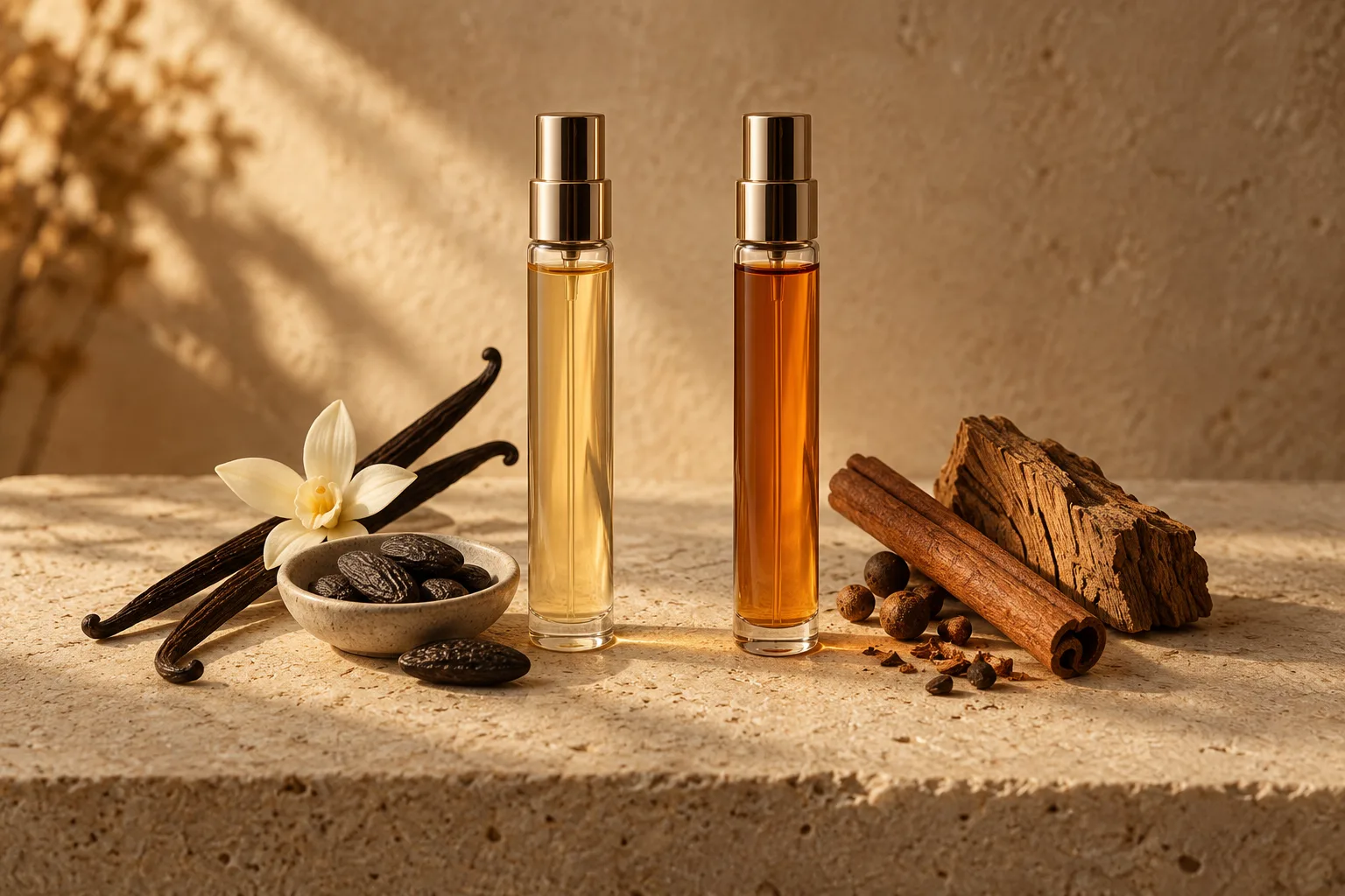 Two perfume atomizers beside vanilla pods, tonka beans, cinnamon and oak